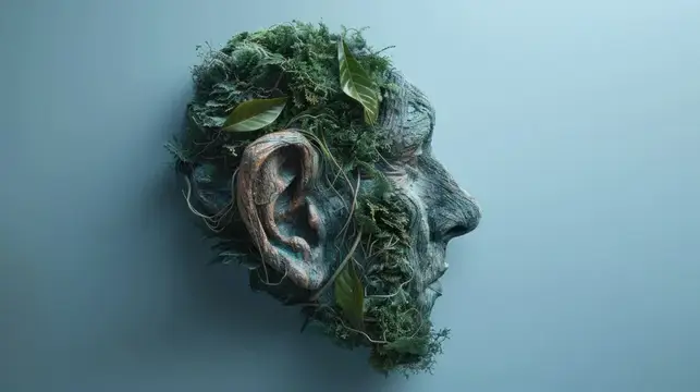 3D-рендер профиля человека, поросшего мхом и листьями