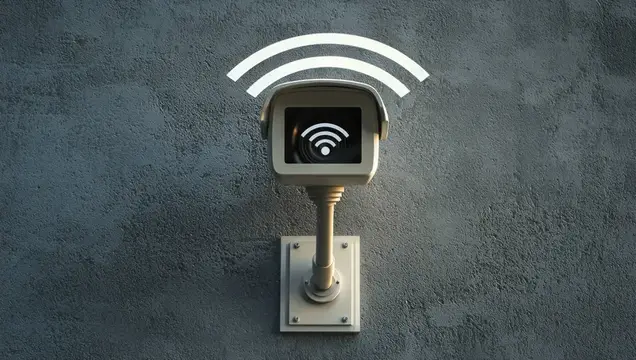 3D-рендер камеры видеонаблюдения с символом Wi-Fi на бетонной стене