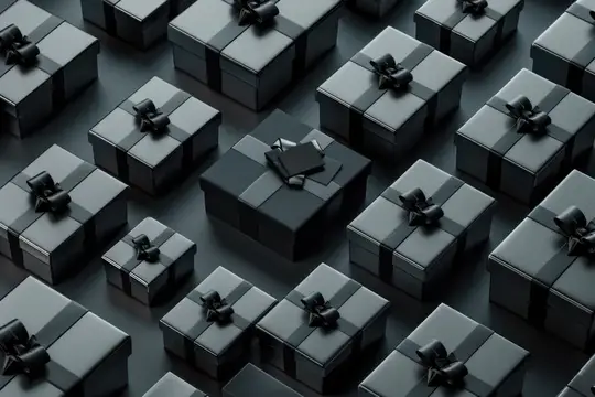 3D-рендер множества чёрных подарочных коробок с бантами