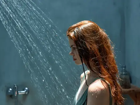 Женщина стоит под освежающим душем, вода струится из крана, создавая безмятежный момент расслабления и заботы о себе