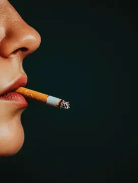 Крупный план женских губ с тлеющей сигаретой на тёмном фоне
