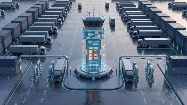 3D-рендер футуристического логистического центра с грузовиками и диспетчерской вышкой