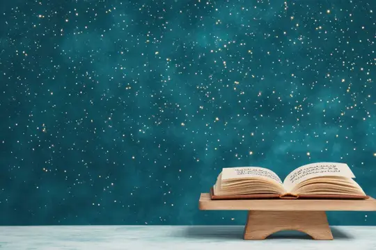 Раскрытая книга на деревянной подставке на фоне звёздного неба