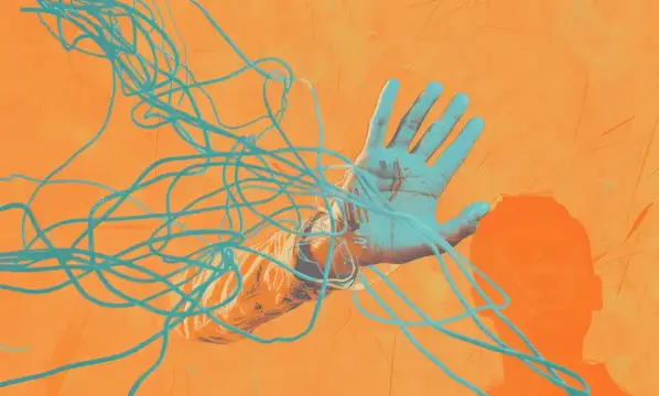 Иллюстрация с синей рукой, опутанной нитями, на оранжевом фоне