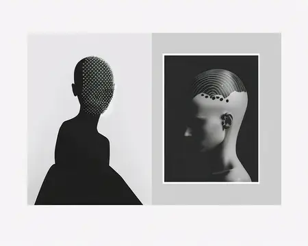 Черно-белый коллаж с двумя женскими силуэтами и точечными узорами