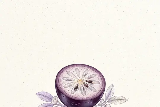 Акварельный рисунок половинки маракуйи с фиолетовыми листьями