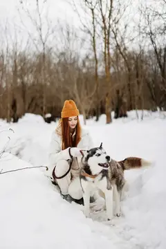 Портрет женщины, играющей в снегу с собакой