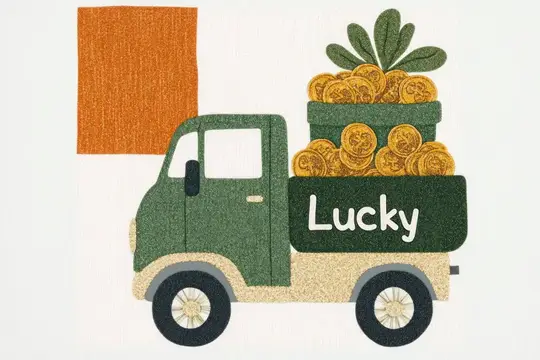 Иллюстрация зелёного грузовика с золотыми монетами и надписью Lucky