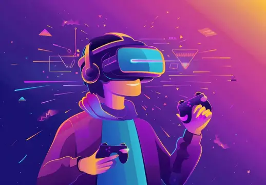 Иллюстрация парня в VR-очках с геймпадами в неоновом свете