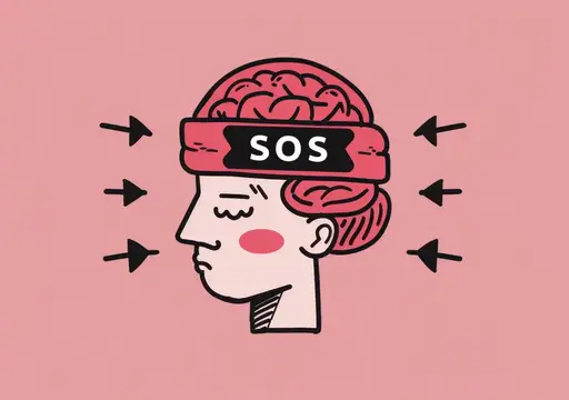 Иллюстрация головы с обнажённым мозгом и повязкой SOS под давлением стрессов