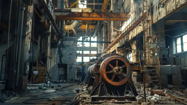 Интерьер заброшенного промышленного завода, заполненный старыми машинами и оборудованием в центре помещения