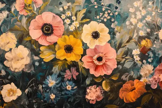 Красивая цветочная картина, наполненная яркими цветами, такими как маки, маргаритки и полевые цветы, создающая жизнерадостную и яркую атмосферу, идеально подходящую для домашнего или офисного декора