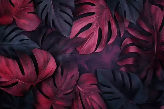 Тёмно-бордовые листья монстеры на фиолетовом фоне