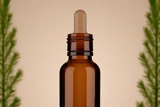 Тёмная стеклянная бутылочка с пипеткой на фоне хвои