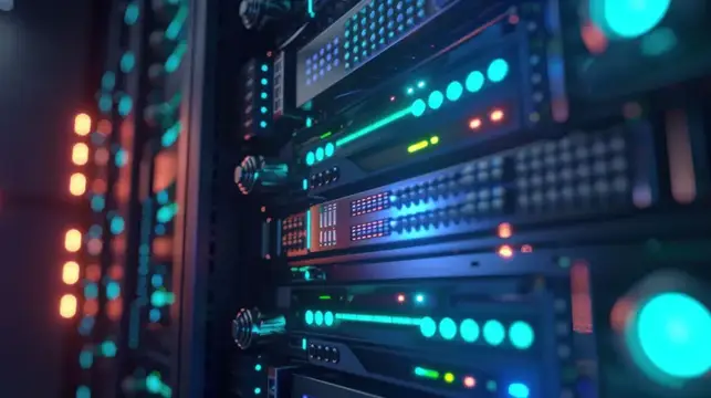 Вид крупным планом на высокотехнологичное серверное оборудование с разноцветными светодиодными лампами на темном фоне центра обработки данных