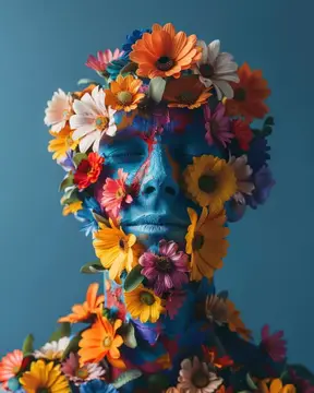 3D-рендер синего лица, украшенного яркими цветами на бирюзовом фоне