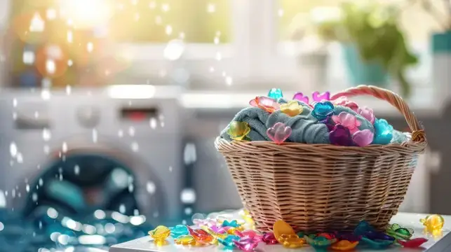 Плетёная корзина с бельём и разноцветными капсулами для стирки у окна