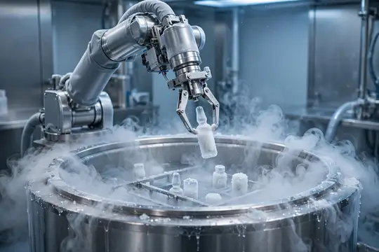Роботизированная рука опускает флакон в чан с паром на заводе