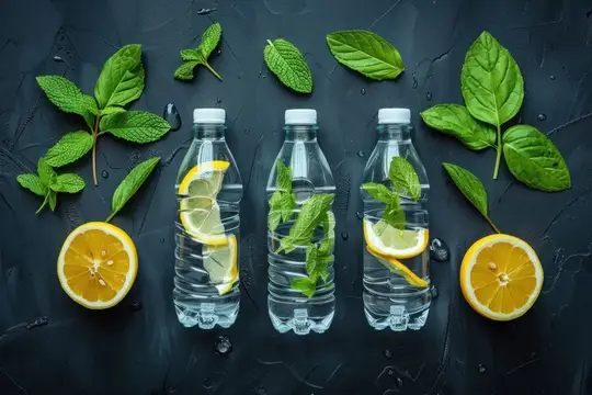 Три бутылки воды с лимоном и мятой на тёмном столе