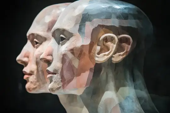 3D-рендер двух геометрических мужских профилей на чёрном фоне