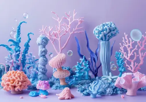 3D-рендер кораллов и морских растений в пастельных тонах