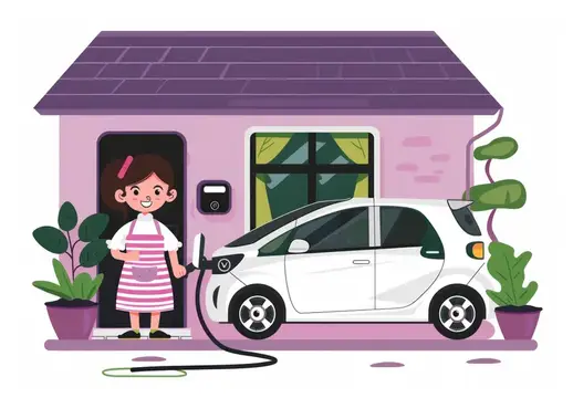 Иллюстрация с девочкой, заряжающей белый электромобиль у дома с солнечными панелями