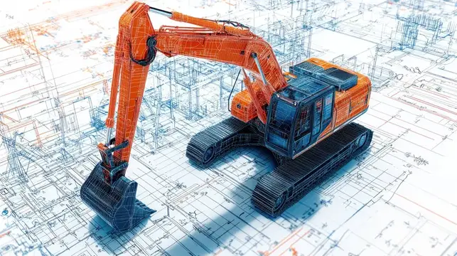3D-рендер оранжевого экскаватора на фоне строительных чертежей