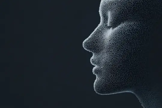 3D-рендер женского профиля из светящихся точек на тёмном фоне