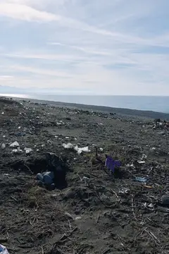 Замусоренный пляж с мусором и обломками на пустынном берегу, загрязненное побережье у уреза воды