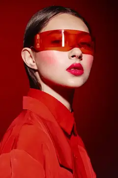 Азиатская девушка в красных очках и рубашке на красном фоне