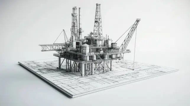 Детальная каркасная модель нефтяной вышки, иллюстрирующая сложное инженерное решение в минималистичном стиле, подчеркивающая промышленный дизайн, энергетические ресурсы и современные технологии в…