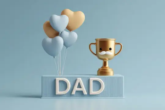 3D-рендер с золотым кубком с усами, шариками-сердцами и надписью DAD