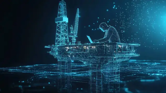 Цифровое изображение инженера-мужчины, работающего на морской нефтяной платформе, сочетающее технологии и инновации в области энергетических решений для будущего