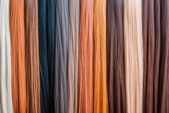 Красочная композиция из прядей волос оттенков блонда, коричневого и с оранжевыми бликами