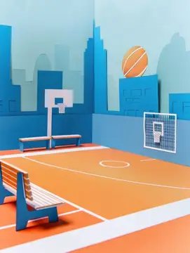 3D-рендер баскетбольной площадки с мячом на фоне синего города