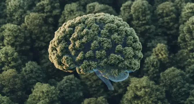 3D-рендер мозга из кроны деревьев над лесом