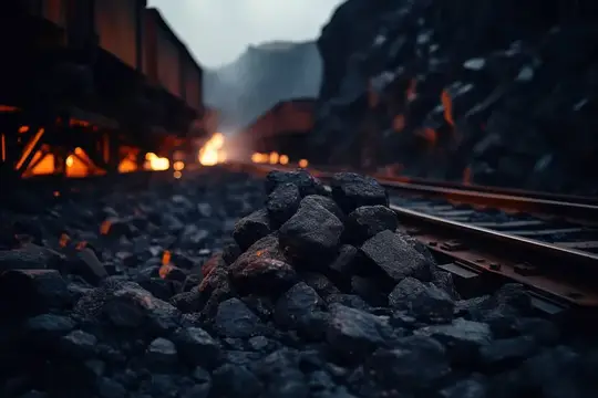 Куча угля на рельсах у грузовых вагонов в шахте
