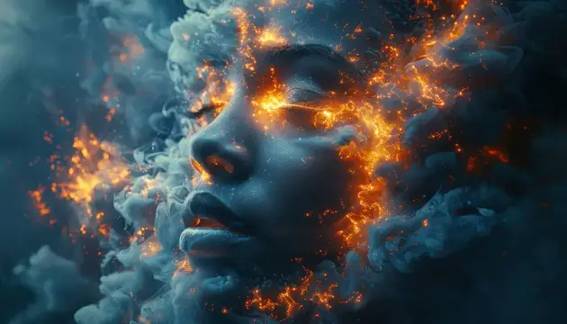 3D-рендер женского лица в облаках дыма и искр