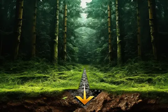 3D-рендер лесной тропы с разрезом почвы и жёлтой стрелкой вниз