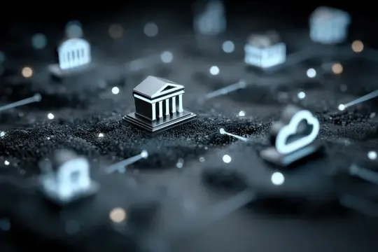 3D-рендер с миниатюрным зданием банка в центре цифровой сети