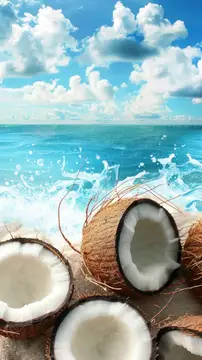Разрезанные кокосы на фоне брызг морской волны и неба