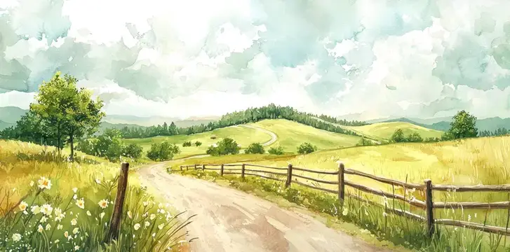 Акварельный пейзаж с грунтовой дорогой среди зелёных холмов
