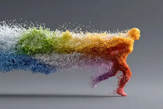 3D-рендер бегущего человека из разноцветных частиц