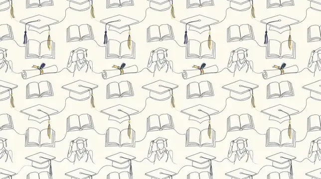 Бесшовный узор с выпускными шапочками, книгами и дипломами