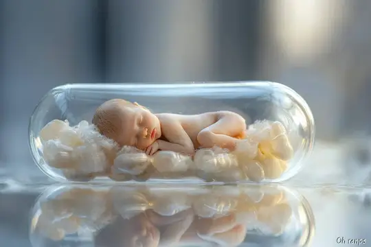 3D-рендер спящего младенца в прозрачной капсуле на мягкой подложке