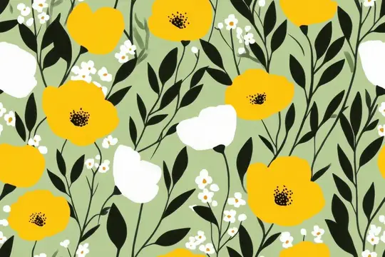 Иллюстрация с жёлтыми и белыми цветами на зелёном фоне