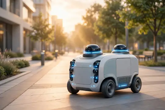 3D-рендер робота-курьера на солнечной городской улице