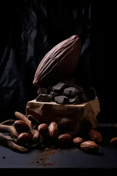Какао-бобы и кусочки шоколада на тёмном фоне