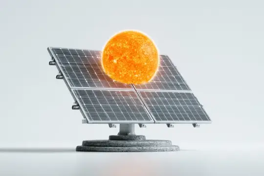 3D-рендер солнечной панели с оранжевым солнцем над ней