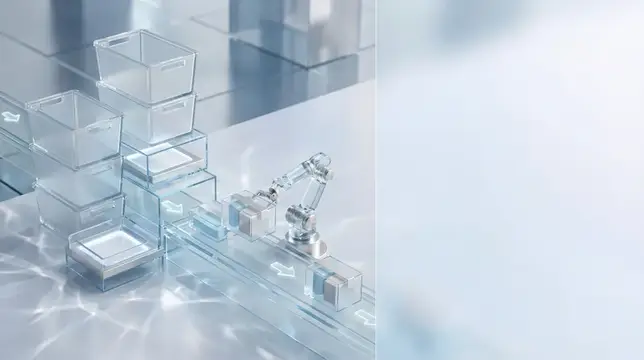 3D-рендер прозрачных контейнеров и робота-манипулятора на складе